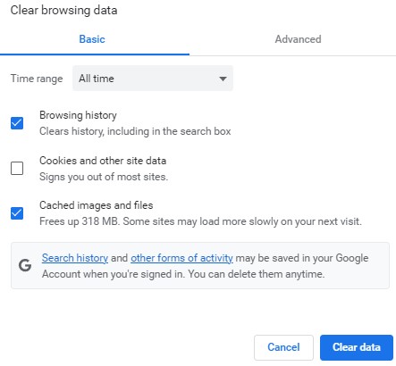 clear browsing data