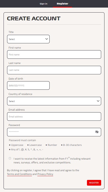 create account on formula1.com